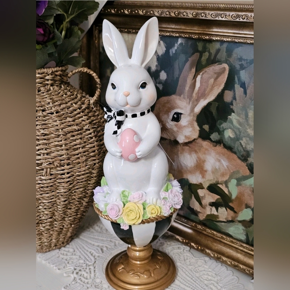 TOPHAT & TAIL Easter Bunny Rabbit On Flower Pedestal Egg 15" New